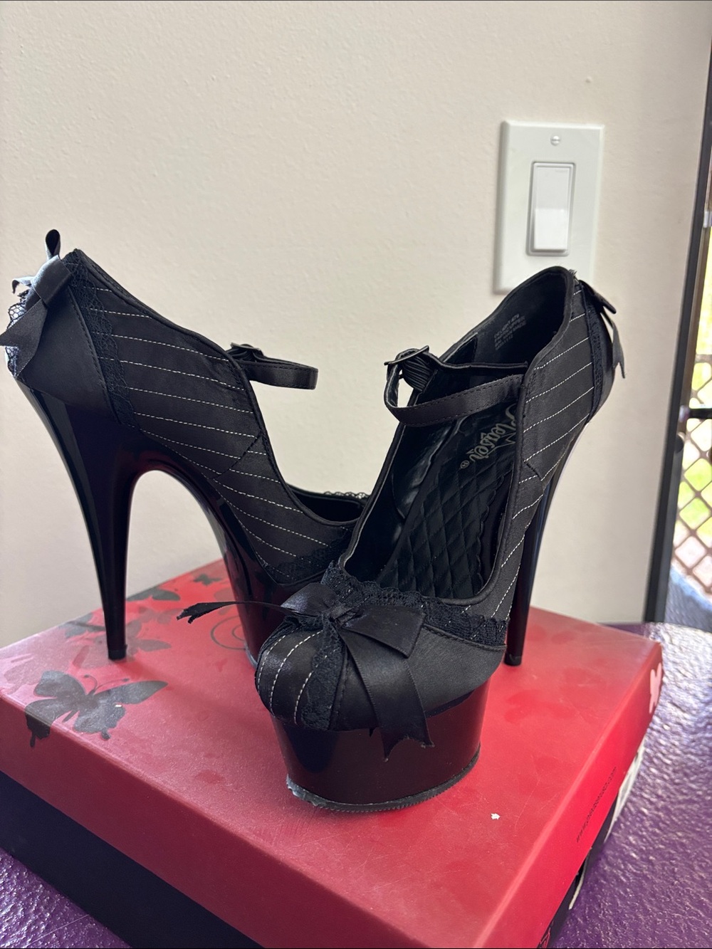 Black Satin Platform High Heels with Bow Accent - Picture 4 of 4